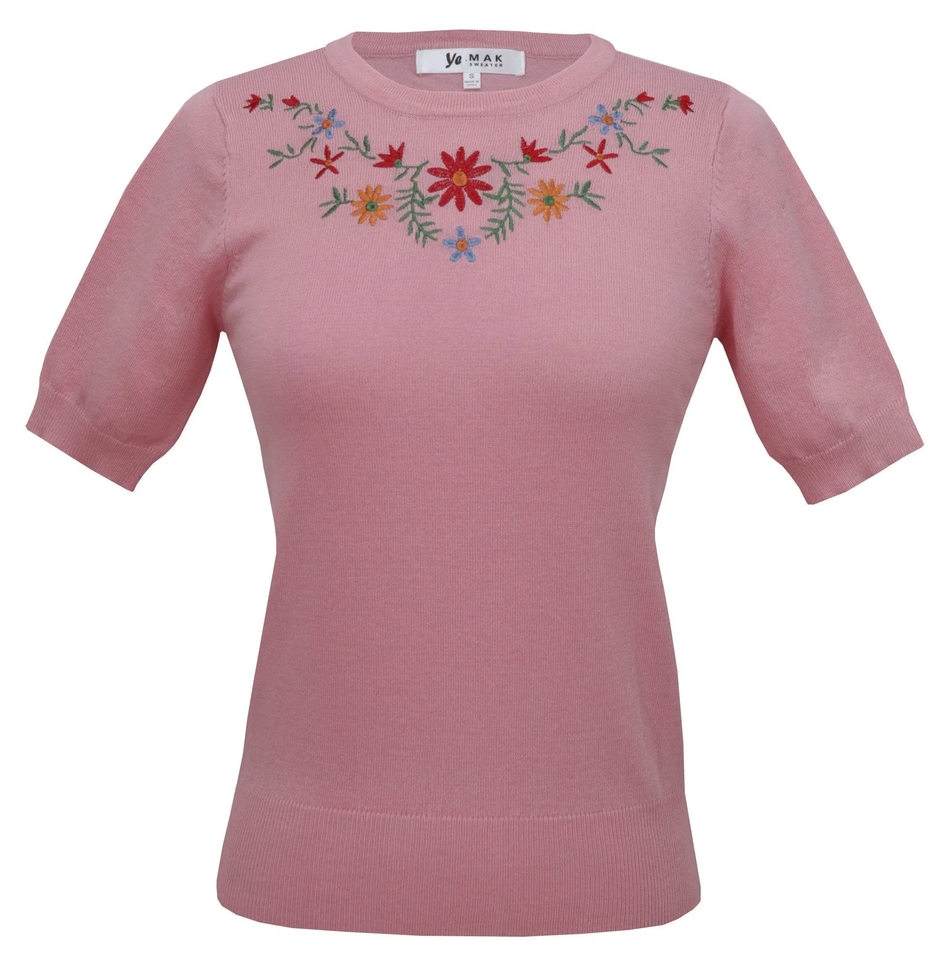 YEMAK Women's Daisy Flower Embroidered Crewneck Casual Knit Pullover Sweater MK3664EMBO (S-L)