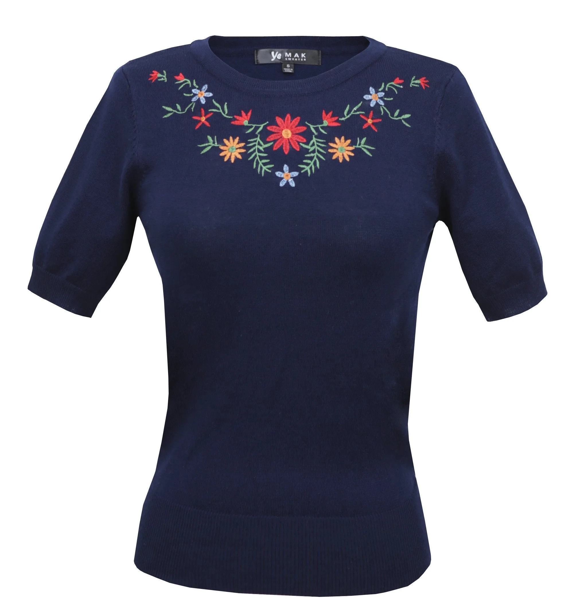 YEMAK Women's Daisy Flower Embroidered Crewneck Casual Knit Pullover Sweater MK3664EMBO (S-L)