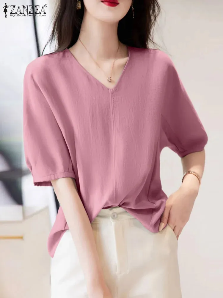 ZANZEA Fashion Summer Blouse Shirt Women Elegant V Neck Short Sleeve Casual Loose Office Work Tops Stylish Party Blusas Chemise