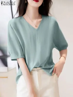 ZANZEA Fashion Summer Blouse Shirt Women Elegant V Neck Short Sleeve Casual Loose Office Work Tops Stylish Party Blusas Chemise