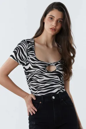 Zebra Striped Keyhole Neckline Bodysuit