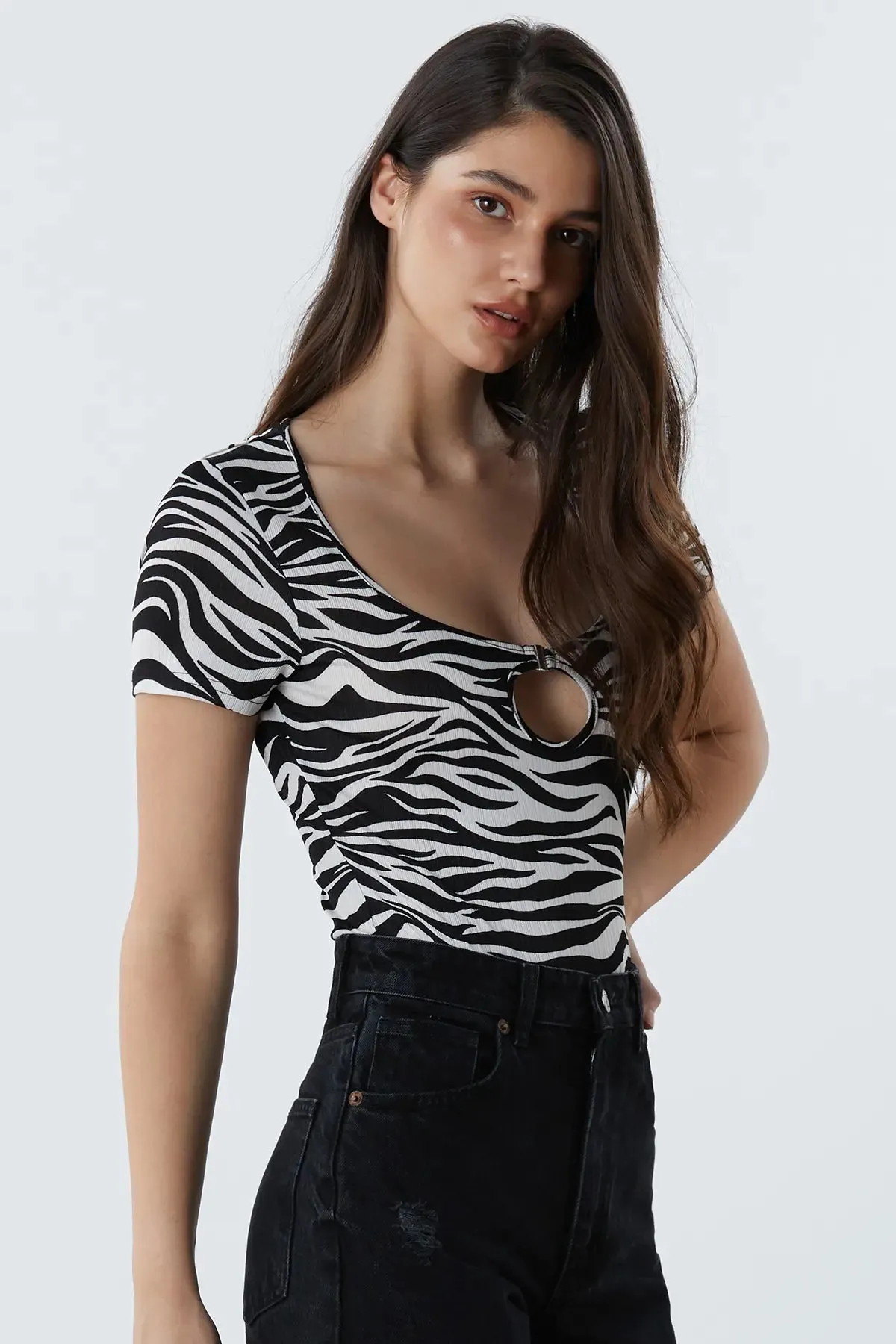 Zebra Striped Keyhole Neckline Bodysuit